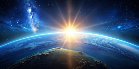 Obraz premium Blue sunrise over the Earth as seen from space, Sunrise, Blue, Spectacular, Celestial, Display, Space, Earth, Horizon, Universe
