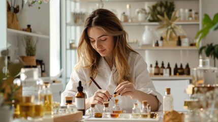 Female perfumer sitting at table and mixing caramel shade essence, she surrounded by perfume samples and essential oils bottles