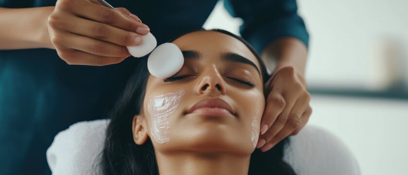 Cosmetologist Using Cotton Pads, Cleansing Skin Of Young Indian Woman During Beauty Treatments In Salon, Relaxed Hindu Female Lying On Table With Closed Eyes, Enjoying Skincare Procedure