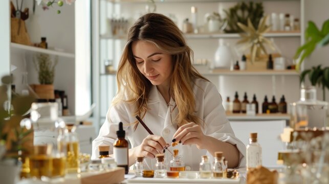 Female perfumer sitting at table and mixing caramel shade essence, she surrounded by perfume samples and essential oils bottles