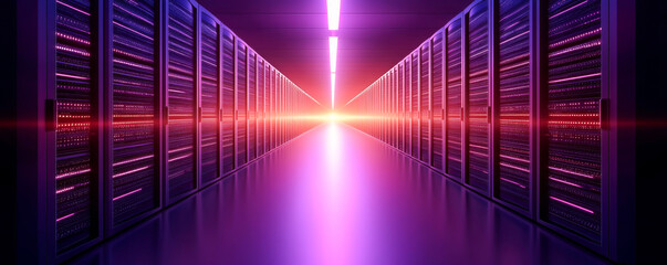 Futuristic server room with vibrant neon lights illuminating a pathway, showcasing advanced technology and modern architecture.