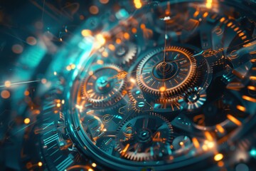 Obraz premium An abstract holographic clock, with moving gears and hands that glow.