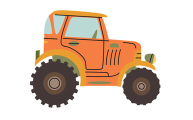 Orange Tractor vector illustration. Harvesting season. Agricultural Labor.