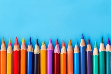 Colorful pencils aligned on a bright blue background. Ideal for school, art, and creative projects.