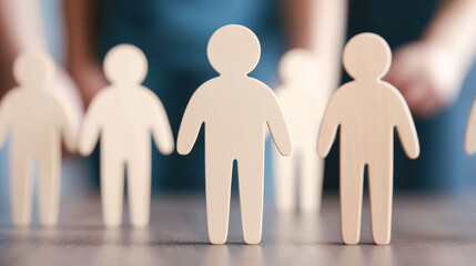 Wooden figures representing teamwork, collaboration, and community standing together on a table, symbolizing unity and diversity.