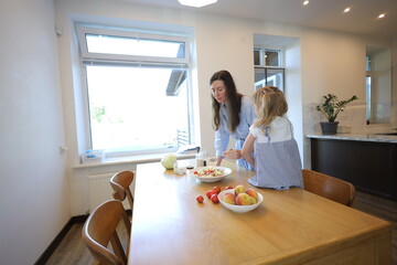 Mother and a small daughter cooking food at home in the kitchen