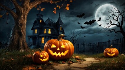 A beautiful haunted house Halloween watercolor illustration. Generative AI