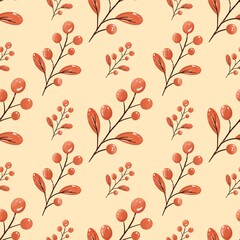 Autumn seamless pattern with orange leaves and berries, botanical digital paper