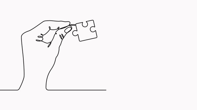 Hands hold puzzle piece continuous line drawing animated video. Teamwork concept animation.