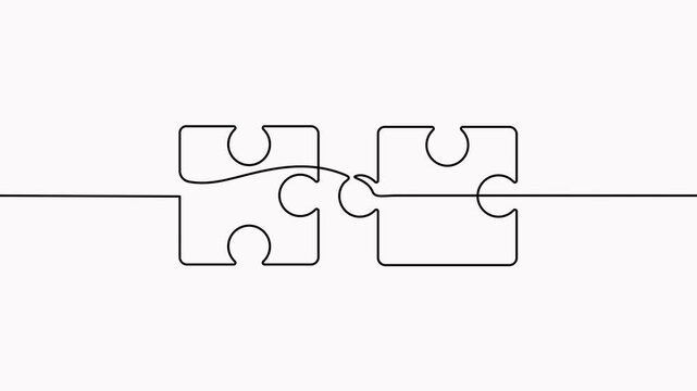 Two connected puzzles line art video. Animated jigsaw pieces continuous one line drawing.