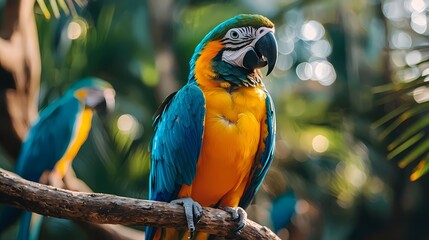 Obraz premium Vibrant macaw perched on a branch, showcasing its colorful feathers in a tropical setting, surrounded by lush greenery.