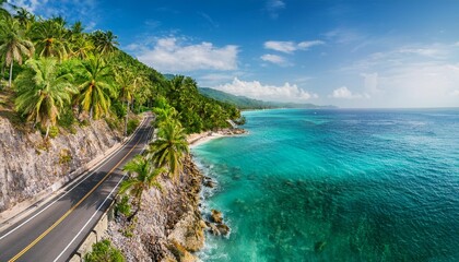 Obraz premium Highway by the Sea: A Scenic Drive Along Turquoise Waters and Palm-Lined Shores