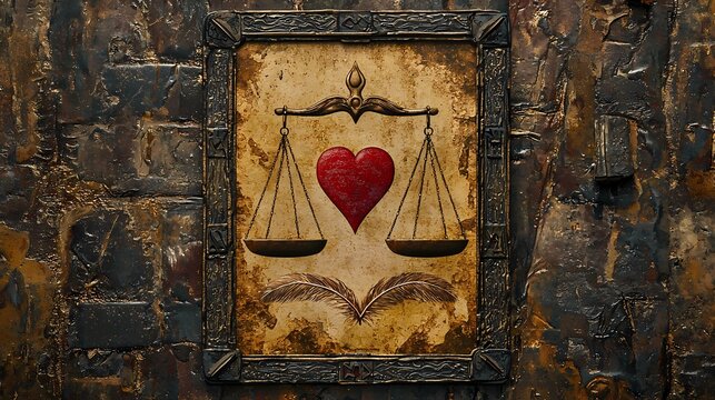 A decorative representation of scales symbolizing justice and a heart, emphasizing the balance between love and law.
