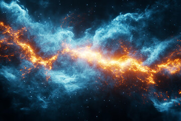 Fototapeta premium Dramatic space scene with a fiery streak and stars against a dark blue sky. Ideal for sci-fi themes, space art, or fantasy visuals.