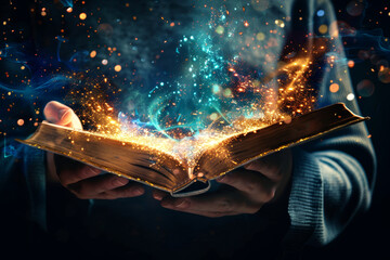 Obraz premium An open book surrounded by magical sparks, glowing in a mysterious atmosphere. Perfect for fantasy themes, literature, or storytelling visuals.