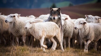 Naklejka premium A predator among sheep. A wolf in sheep's clothing, a wolf among a flock of sheep. Concept: hypocrisy, double standards.