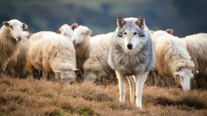 Fototapeta premium A predator among sheep. A wolf in sheep's clothing, a wolf among a flock of sheep. Concept: hypocrisy, double standards.