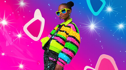 Fototapeta premium Y2K Fashion Revival, vibrant colors, metallic fabrics, chunky platform shoes, and colorful sunglasses