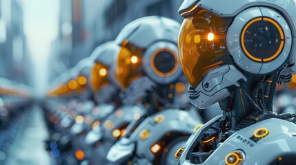 Fototapeta premium Industrial robots performing complex tasks, front view, illustrating precision automation, cybernetic tone, Triadic Color Scheme,