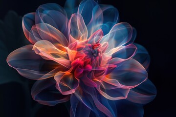 Obraz premium An abstract holographic flower with petals made of light, glowing softly in a dark background