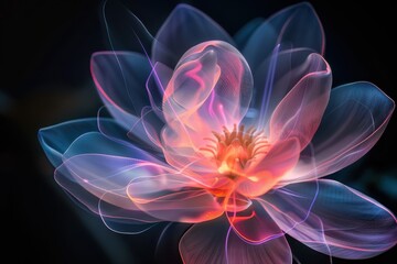 An abstract holographic flower with petals made of light, glowing softly in a dark background