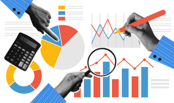 Halftone hands with graph and diagram in trendy vintage style. Concept of analytics. Achieving high results