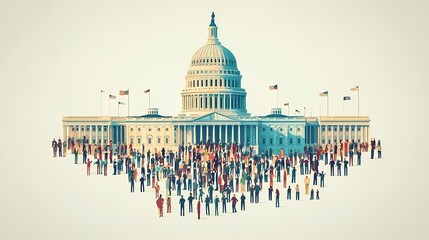 Diverse crowd gathering at a historic government building, symbolizing unity and civic engagement in a democratic society.