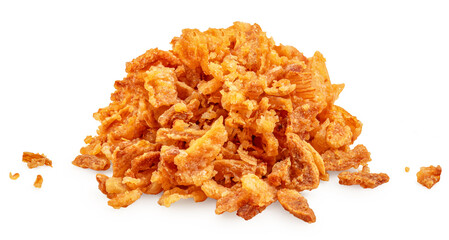 Pile of crispy fried onions isolated on white. Roasted Onion caramelized flakes closeup.