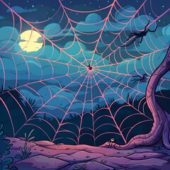 Enchanting Spiderweb Under the Bright Harvest Moon in a Whimsical Cartoon Landscape