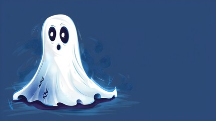 Spooky Cartoon Ghost Floating in Moody Blue Banner Background