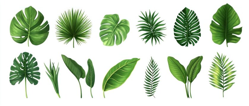 Tropical leaves vector set. Monstera, palm leaf, coconut leaf, banana leaf, monstera, botanical and jungle leaves design for nature background, summer banner, wallpaper, pattern and prints