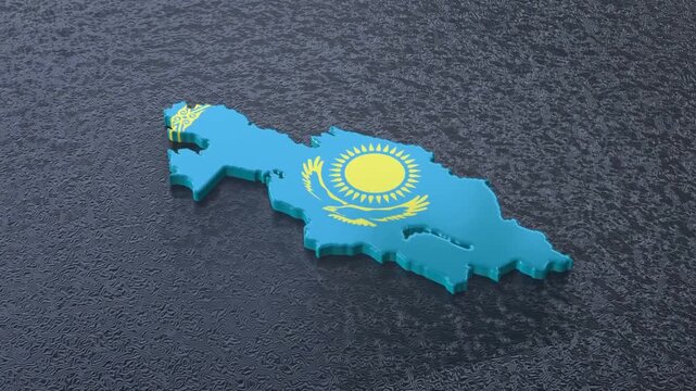 3D map of Kazakhstan moving on a blue textured floor. The country's area features the blue flag texture with a luma matte effect. 3d rendering