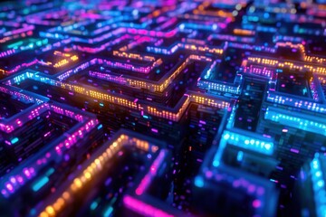 Obraz premium An abstract holographic maze, with walls and pathways glowing in various colors.