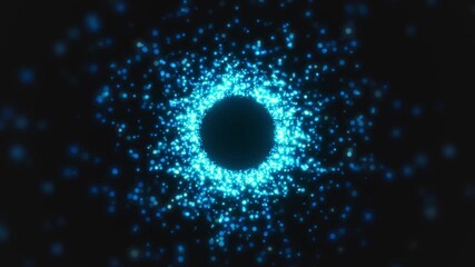 Video animation of blue particles in a tunnel on a dark background - abstract background.