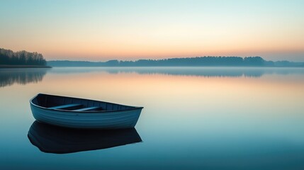 A lone boat on a calm, empty lake, reflecting the silent beauty of nature.