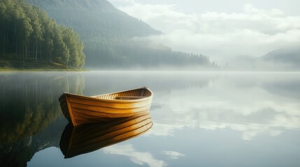 Obraz premium A lone boat on a calm, empty lake, reflecting the silent beauty of nature.