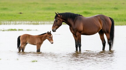 Fototapeta premium A mother horse stands protectively beside her foal in shallow water, surrounded by a vibrant green meadow on a bright summer day