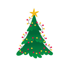 Christmas tree decorated with garland and star. Modern colorful cartoon style illustration.