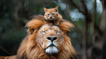 Fototapeta premium an orange cat was sitting on a lion's head