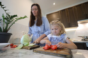 Mother and a small daughter cooking food at home in the kitchen