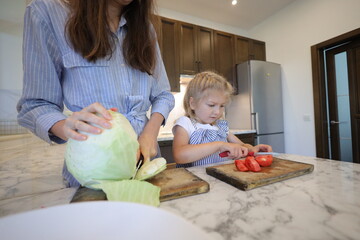 Mother and a small daughter cooking food at home in the kitchen