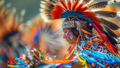Powwow dancers, traditional regalia, dynamic movement, vibrant colors, high detail