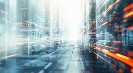 Futuristic digital city with forward movement along virtual walls. Bright light lines and dots create a sense of speed and technological progress in a world of data and information.