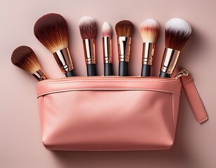 Set of makeup brushes neatly organized in a pink cosmetic bag, ready for beauty