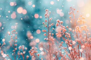 Winter branches with delicate frost-covered buds on a vibrant blue bokeh background. Ideal for seasonal and nature-themed designs.