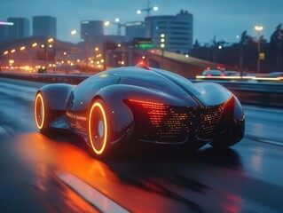 Selfdriving car, highway, dynamic, vibrant, high detail