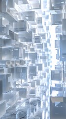 Abstract tunnel made of glass cubes with a futuristic, bright lighting. Perfect for tech, sci-fi, and digital design themes.