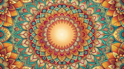 In the center of the canvas stands an intricately designed mandala, mandala, intricate, artwork, center, canvas