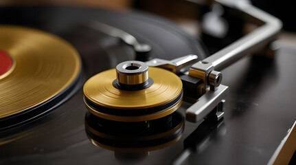 Turntable arm on golden Vinyl record rotating in a mac. generative.ai