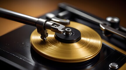 Turntable arm on golden Vinyl record rotating in a mac. generative.ai